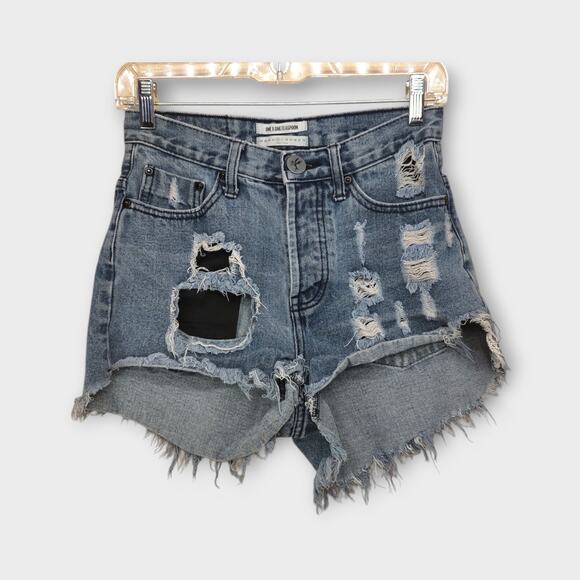 Womens ONE X ONETEASPOON Distressed Ripped Raw Hem Blue Jean Shorts Size 26 - Picture 1 of 7